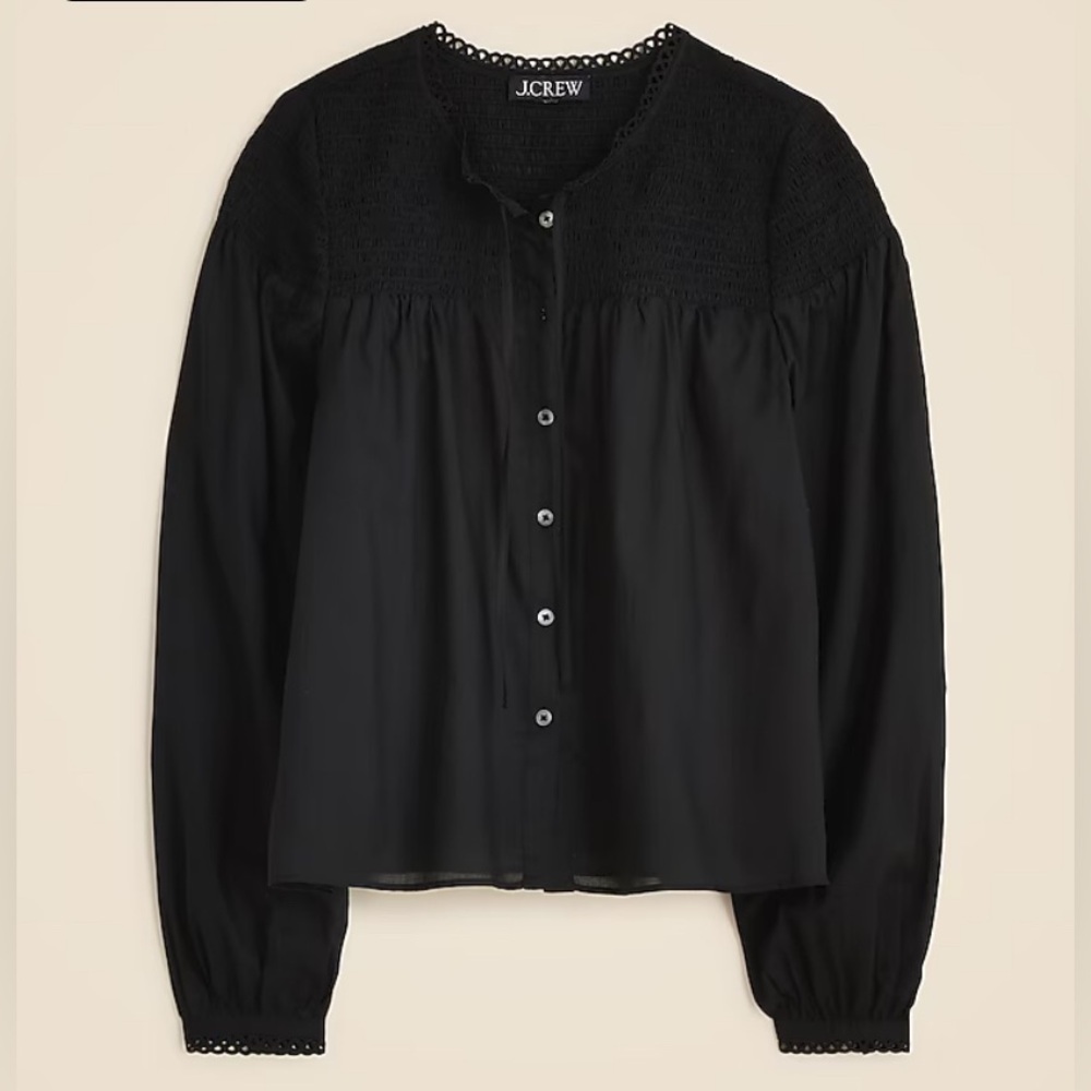 NWT J. Crew Popover Top in Cotton Voile Black Blouse Small Smock Button Cotton
